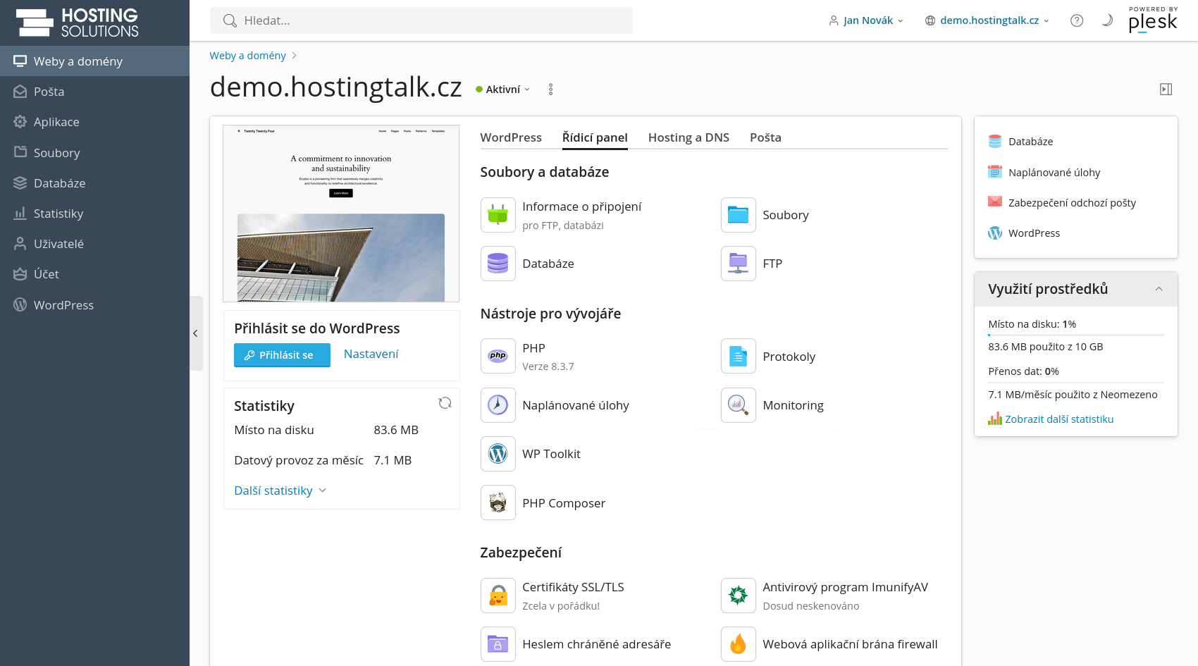 Ovládací panel webhostingu
